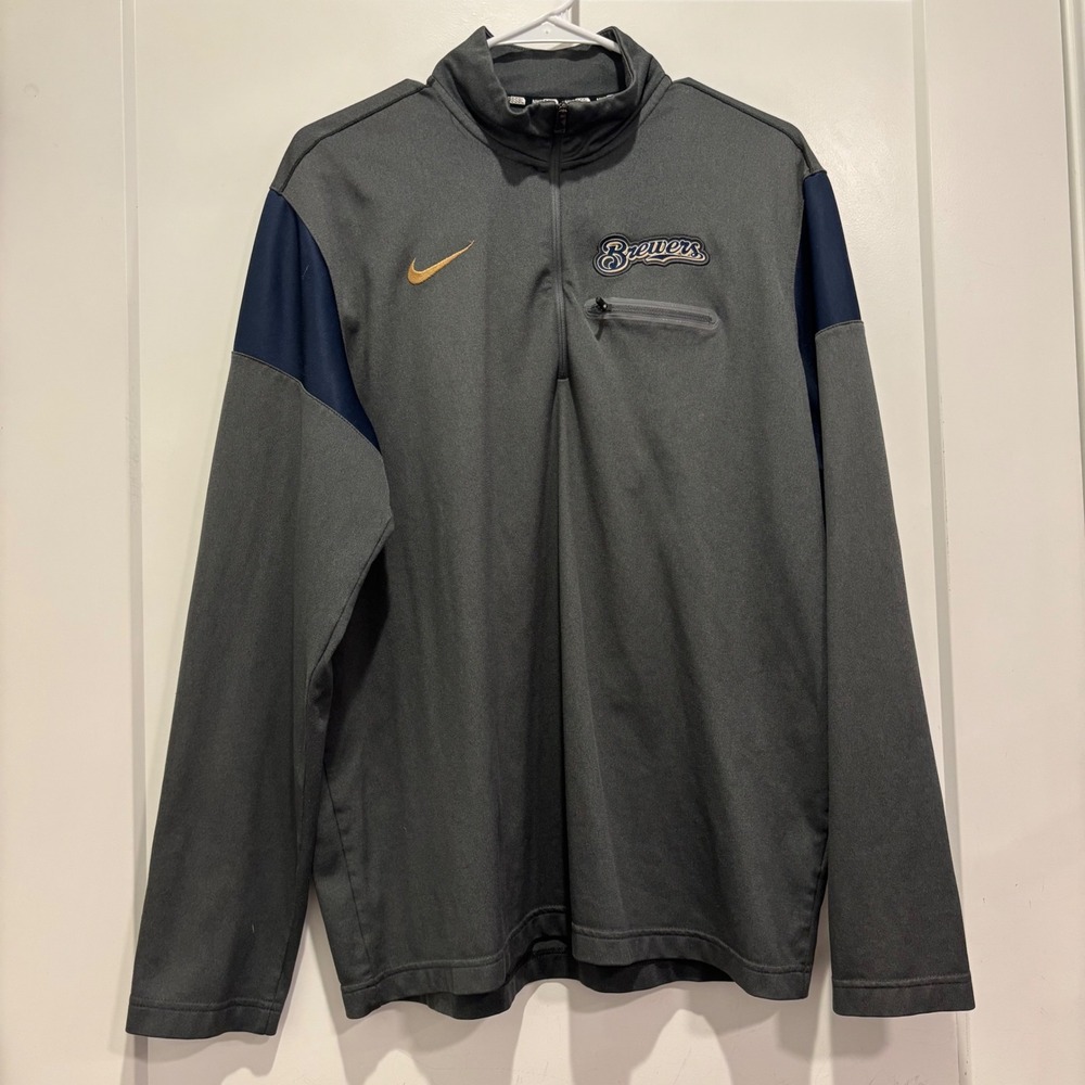 Nike BSBL Milwaukee Brewers Mens Large Gray Navy Quarter Zip Pullover Jacket